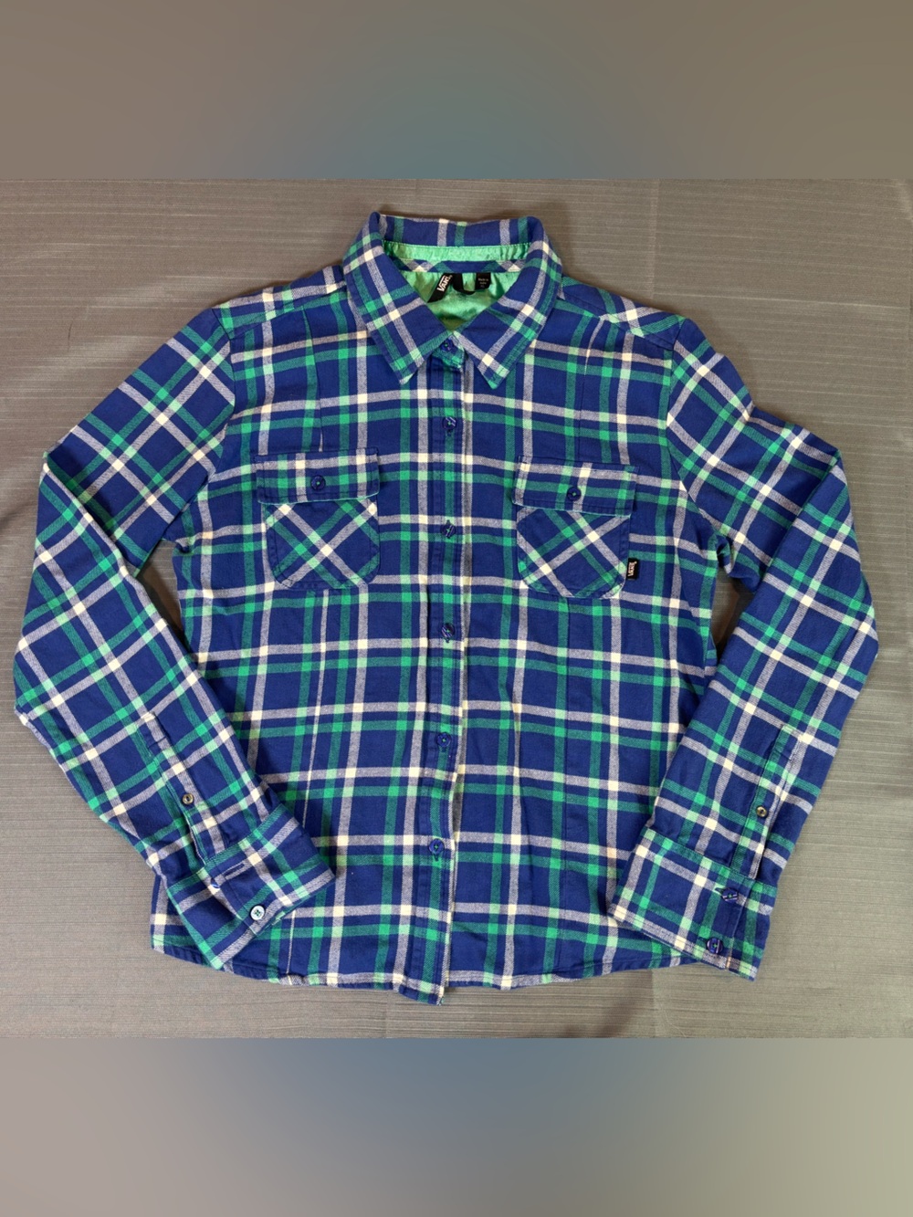 Vans Women’s XL Plaid Flannel Shirt Blue Green White 100% Cotton